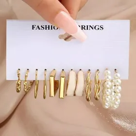Women Fashion Geometric Pearl Circle Hoop Earrings (6 pairs)